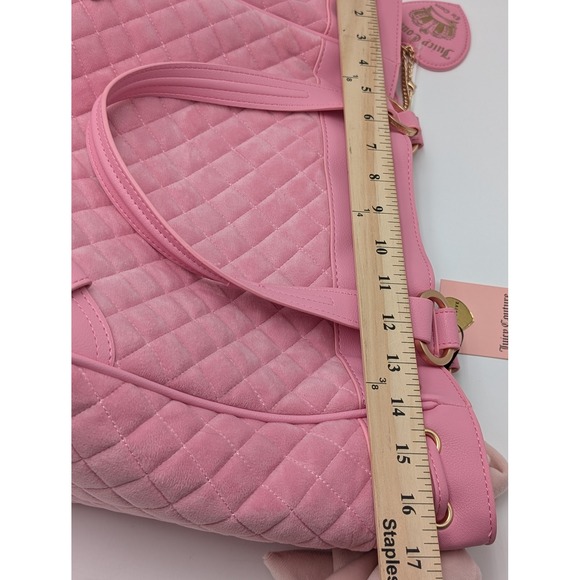 Juicy Couture Tote Women Large Pink Juicy Tale Quilted Velour Y2K Bow Charm Bag - Picture 9 of 11